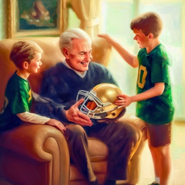 The kids give grandpa his new football helmet